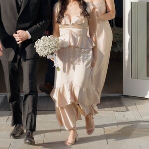 Show Me Your MuMu Blush Cream Ruffled Satin Wedding Dress